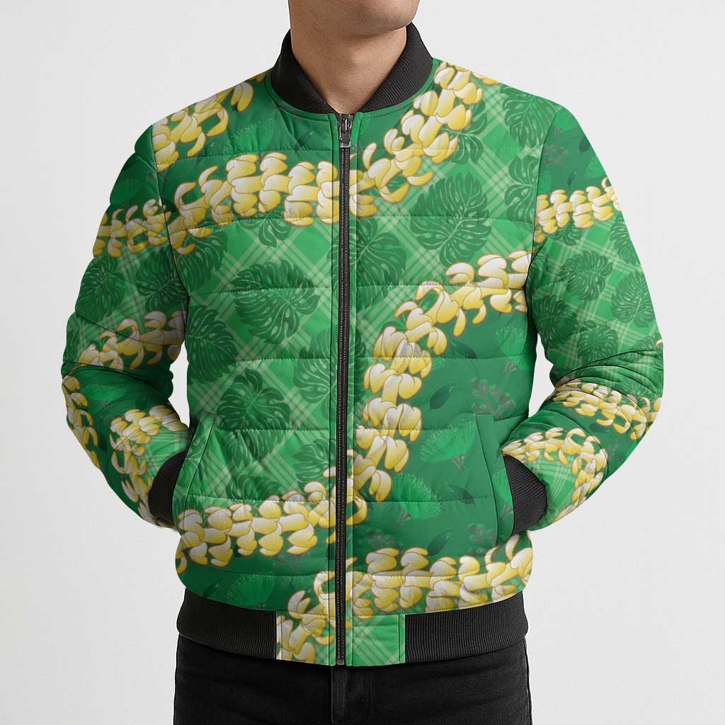 Green Palaka Hawaii Mele Kalikimaka Bomber Puffer Jacket Ohia Lehua Monstera Puakenikeni Lei LT14 - Polynesian Pride