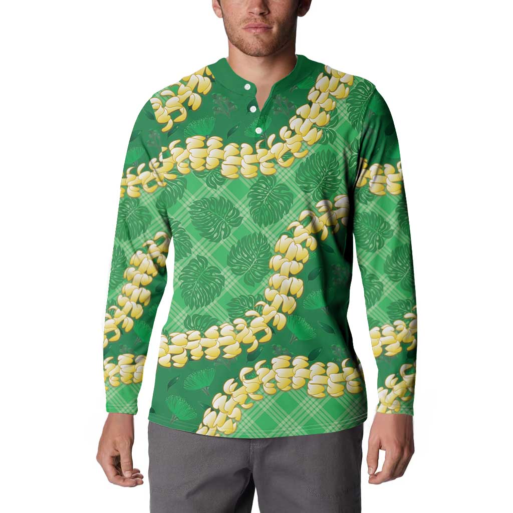 Green Palaka Hawaii Mele Kalikimaka Button Sweatshirt Ohia Lehua Monstera Puakenikeni Lei - Polynesian Pride