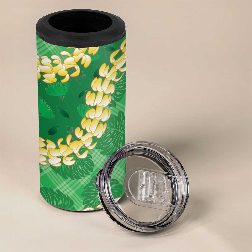 Green Palaka Hawaii Mele Kalikimaka 4 in 1 Can Cooler Tumbler Ohia Lehua Monstera Puakenikeni Lei - Polynesian Pride