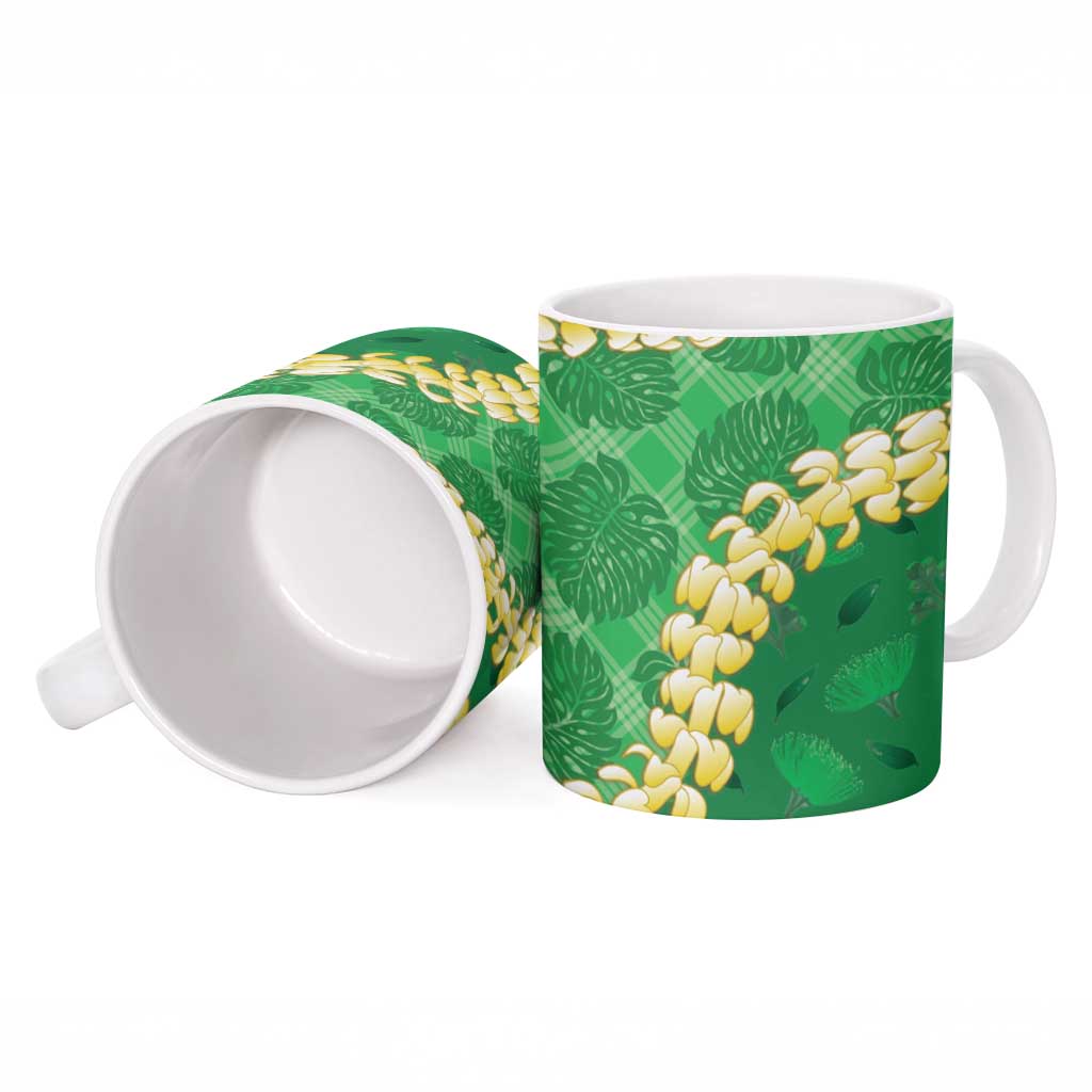 Green Palaka Hawaii Mele Kalikimaka Ceramic Mug Ohia Lehua Monstera Puakenikeni Lei - Polynesian Pride