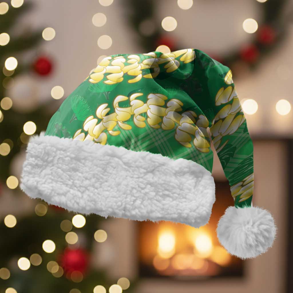Green Palaka Hawaii Mele Kalikimaka Christmas Santa Hat Ohia Lehua Monstera Puakenikeni Lei - Polynesian Pride