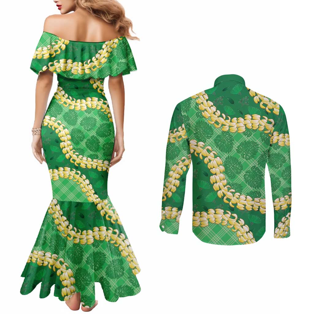 Green Palaka Hawaii Mele Kalikimaka Couples Matching Mermaid Dress and Long Sleeve Button Shirt Ohia Lehua Monstera Puakenikeni Lei - Polynesian Pride
