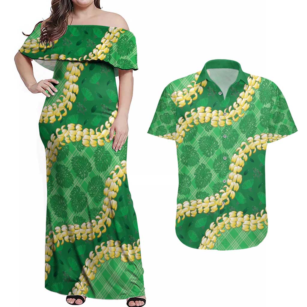 Green Palaka Hawaii Mele Kalikimaka Couples Matching Off Shoulder Maxi Dress and Hawaiian Shirt Ohia Lehua Monstera Puakenikeni Lei - Polynesian Pride