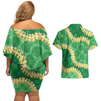 Green Palaka Hawaii Mele Kalikimaka Couples Matching Off Shoulder Short Dress and Hawaiian Shirt Ohia Lehua Monstera Puakenikeni Lei - Polynesian Pride