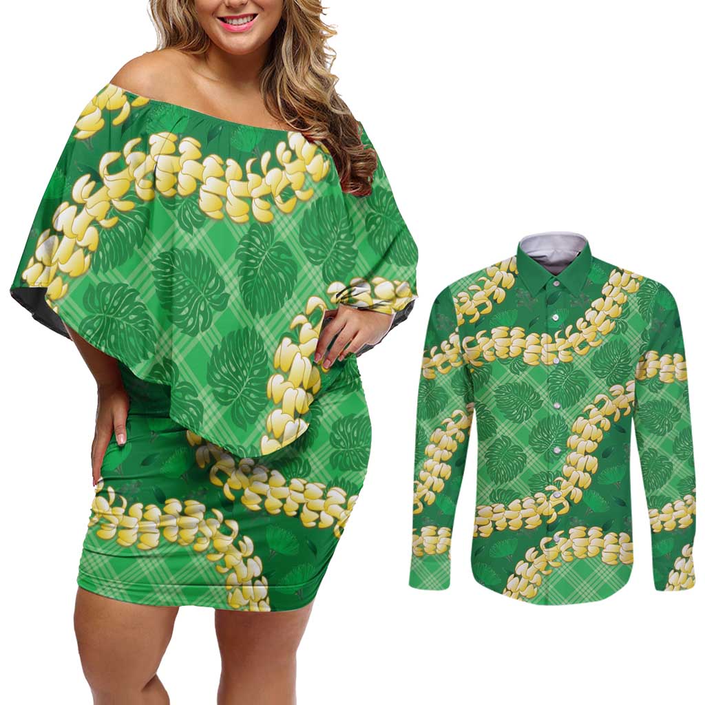 Green Palaka Hawaii Mele Kalikimaka Couples Matching Off Shoulder Short Dress and Long Sleeve Button Shirt Ohia Lehua Monstera Puakenikeni Lei - Polynesian Pride