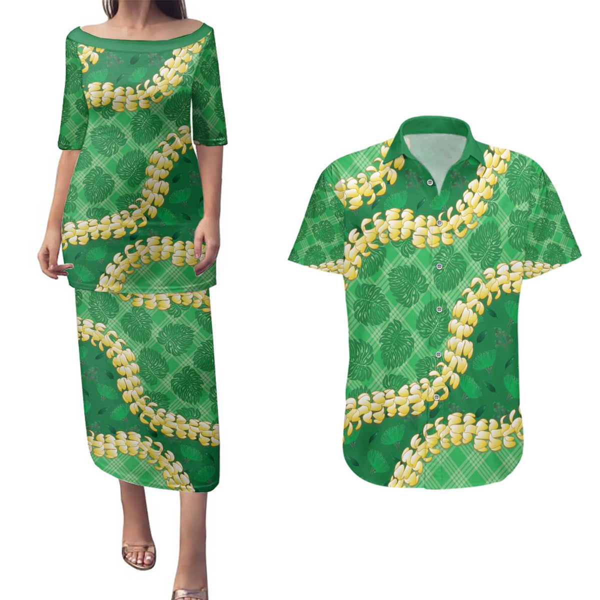 Green Palaka Hawaii Mele Kalikimaka Couples Matching Puletasi and Hawaiian Shirt Ohia Lehua Monstera Puakenikeni Lei LT14 Green - Polynesian Pride