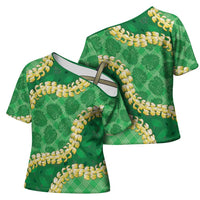 Green Palaka Hawaii Mele Kalikimaka Cross Shoulder Shirt Ohia Lehua Monstera Puakenikeni Lei - Polynesian Pride