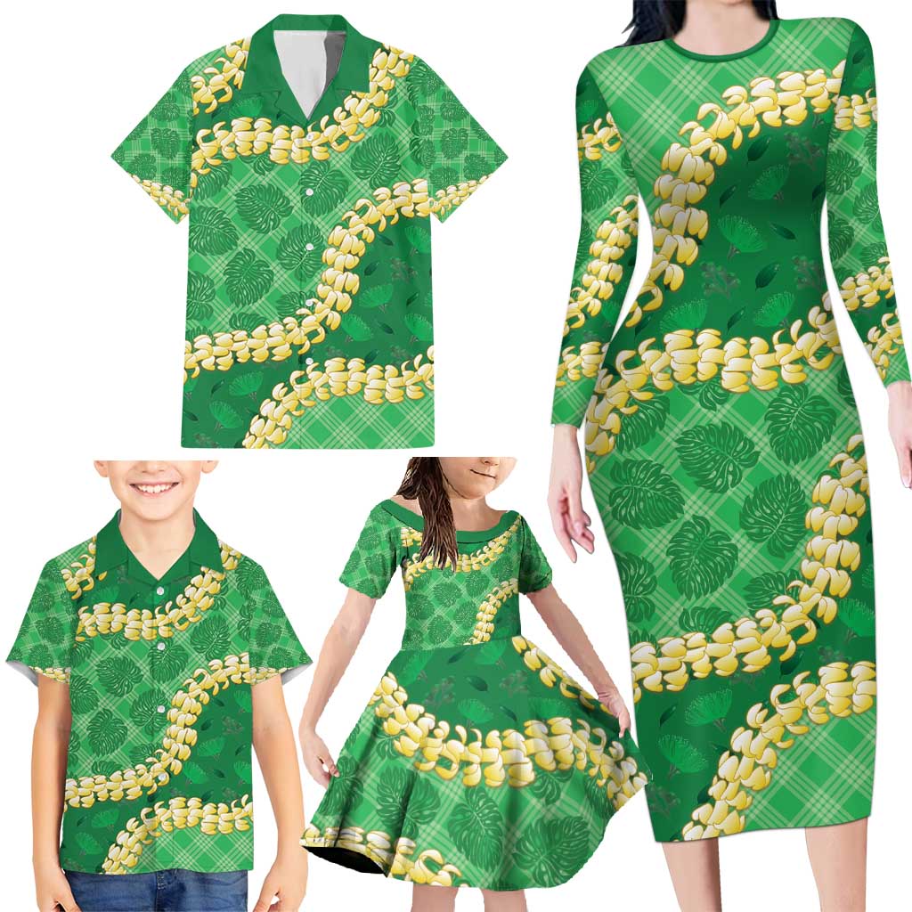 Green Palaka Hawaii Mele Kalikimaka Family Matching Long Sleeve Bodycon Dress and Hawaiian Shirt Ohia Lehua Monstera Puakenikeni Lei LT14 - Polynesian Pride