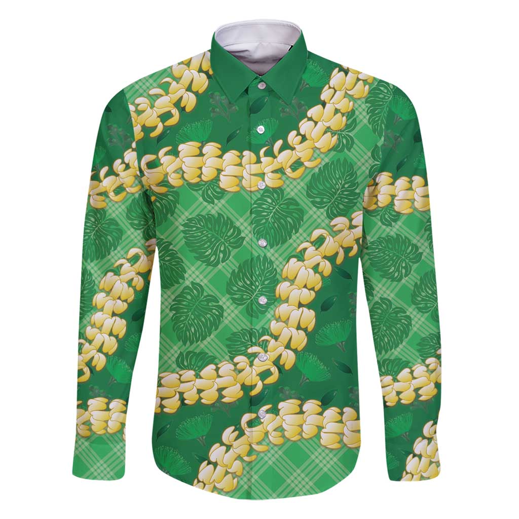 Green Palaka Hawaii Mele Kalikimaka Family Matching Long Sleeve Bodycon Dress and Hawaiian Shirt Ohia Lehua Monstera Puakenikeni Lei LT14 Dad's Shirt - Long Sleeve Green - Polynesian Pride
