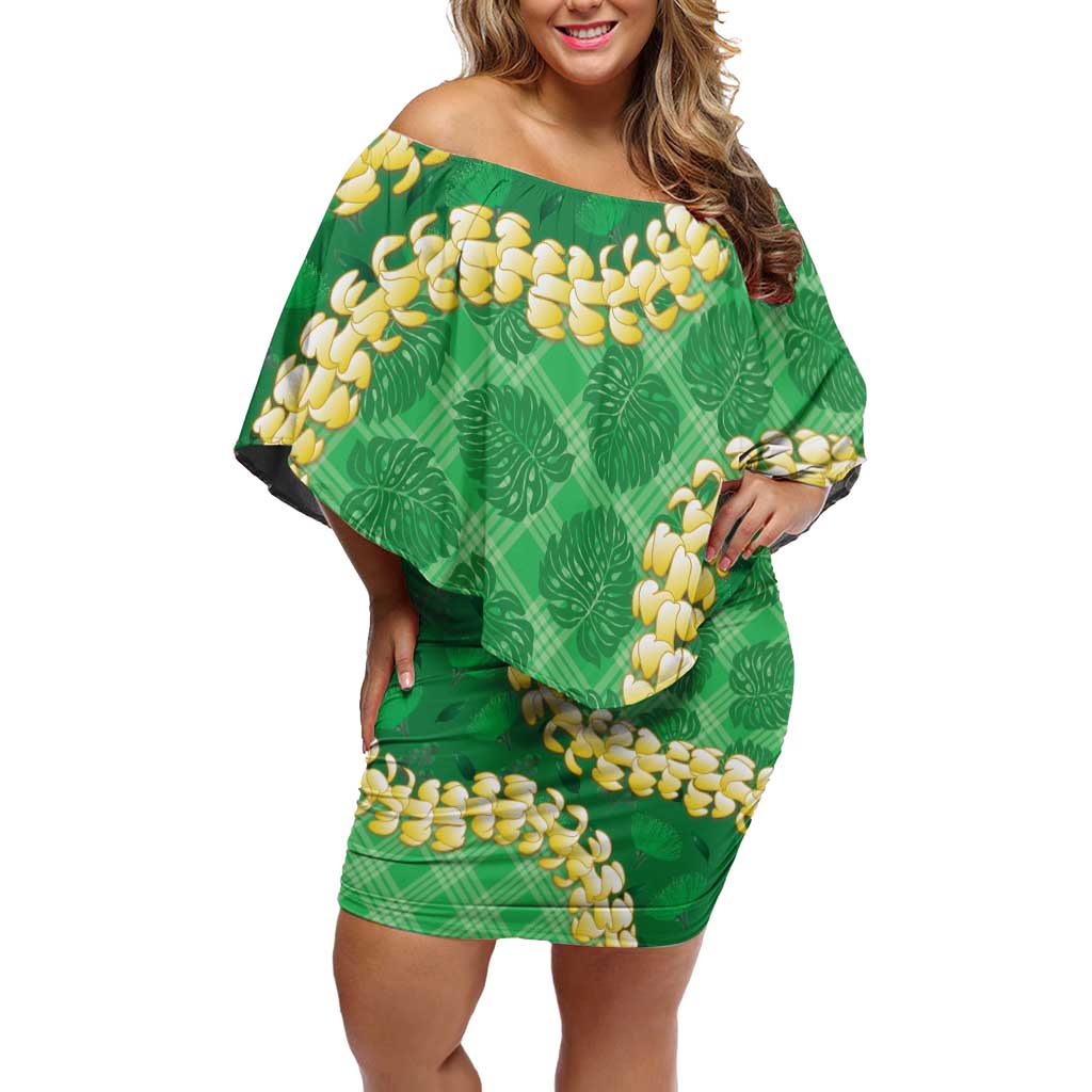 Green Palaka Hawaii Mele Kalikimaka Family Matching Off Shoulder Short Dress and Hawaiian Shirt Ohia Lehua Monstera Puakenikeni Lei - Polynesian Pride