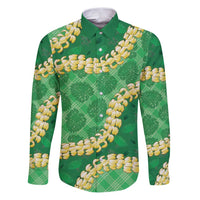 Green Palaka Hawaii Mele Kalikimaka Family Matching Puletasi and Hawaiian Shirt Ohia Lehua Monstera Puakenikeni Lei LT14 Dad's Shirt - Long Sleeve Green - Polynesian Pride