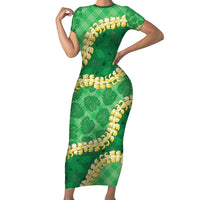 Green Palaka Hawaii Mele Kalikimaka Family Matching Short Sleeve Bodycon Dress and Hawaiian Shirt Ohia Lehua Monstera Puakenikeni Lei - Polynesian Pride