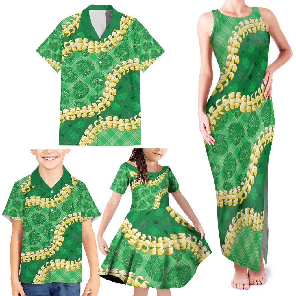 Green Palaka Hawaii Mele Kalikimaka Family Matching Tank Maxi Dress and Hawaiian Shirt Ohia Lehua Monstera Puakenikeni Lei - Polynesian Pride