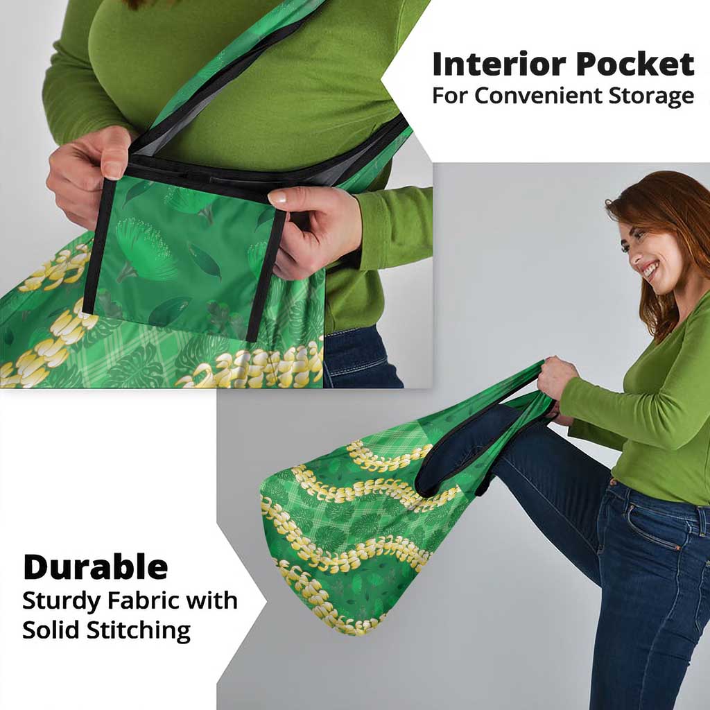 Green Palaka Hawaii Mele Kalikimaka Grocery Bag Ohia Lehua Monstera Puakenikeni Lei - Polynesian Pride