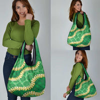 Green Palaka Hawaii Mele Kalikimaka Grocery Bag Ohia Lehua Monstera Puakenikeni Lei - Polynesian Pride