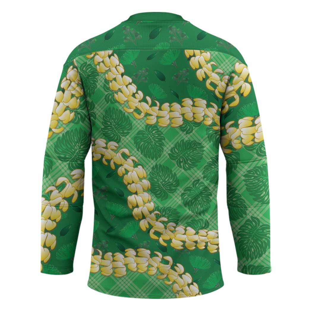 Green Palaka Hawaii Mele Kalikimaka Hockey Jersey Ohia Lehua Monstera Puakenikeni Lei - Polynesian Pride