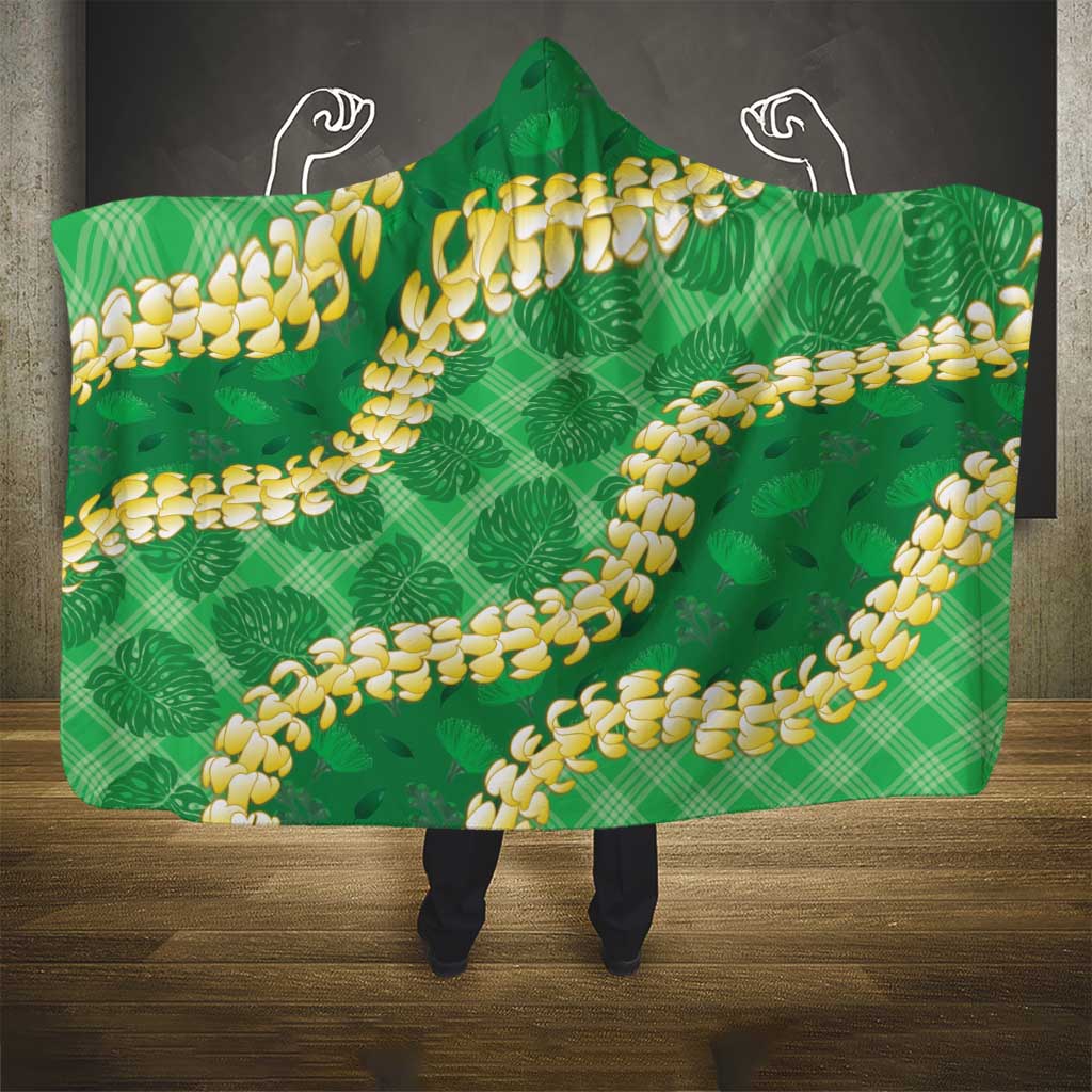 Green Palaka Hawaii Mele Kalikimaka Hooded Blanket Ohia Lehua Monstera Puakenikeni Lei - Polynesian Pride