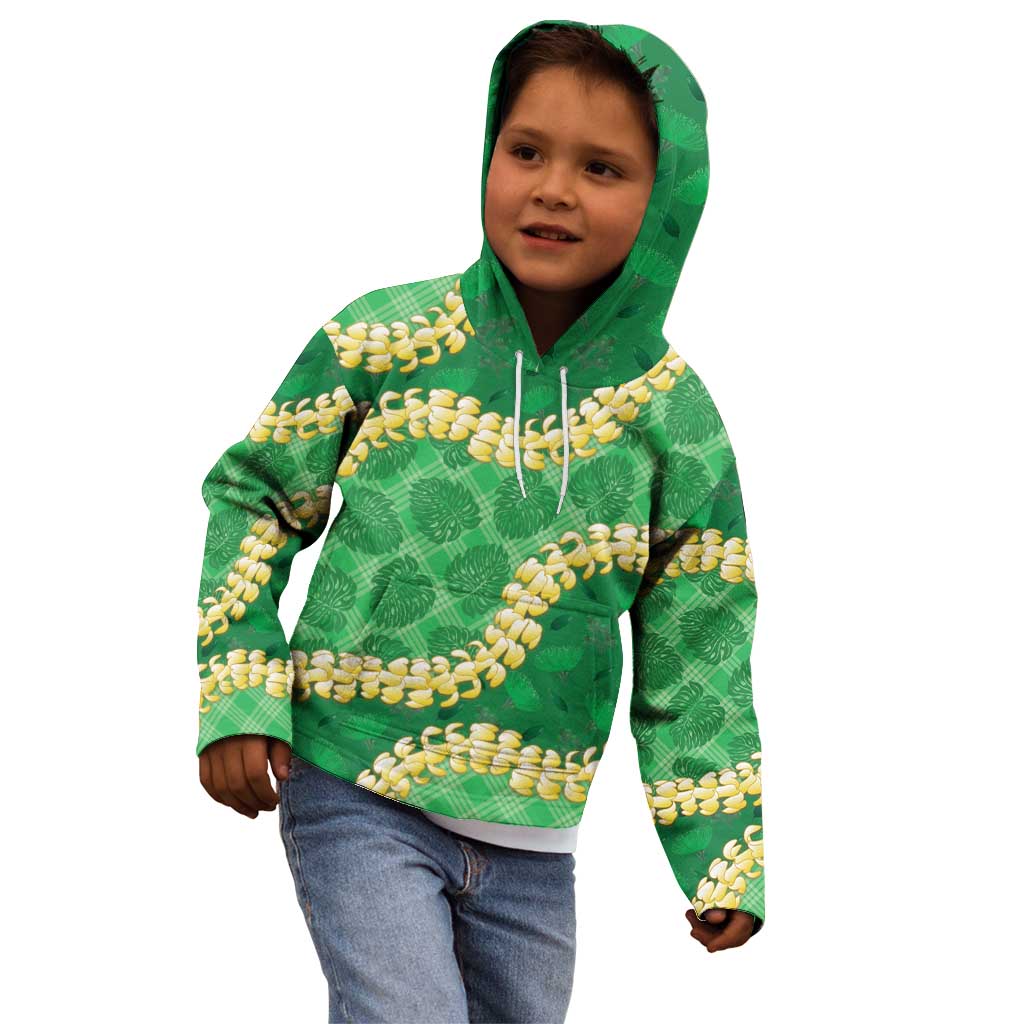 Green Palaka Hawaii Mele Kalikimaka Kid Hoodie Ohia Lehua Monstera Puakenikeni Lei - Polynesian Pride