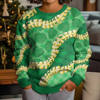 Green Palaka Hawaii Mele Kalikimaka Kid Ugly Christmas Sweater Ohia Lehua Monstera Puakenikeni Lei - Polynesian Pride