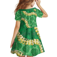 Green Palaka Hawaii Mele Kalikimaka Kid Short Sleeve Dress Ohia Lehua Monstera Puakenikeni Lei - Polynesian Pride