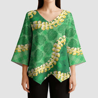 Green Palaka Hawaii Mele Kalikimaka Kimono Sleeve Blouse Ohia Lehua Monstera Puakenikeni Lei - Polynesian Pride