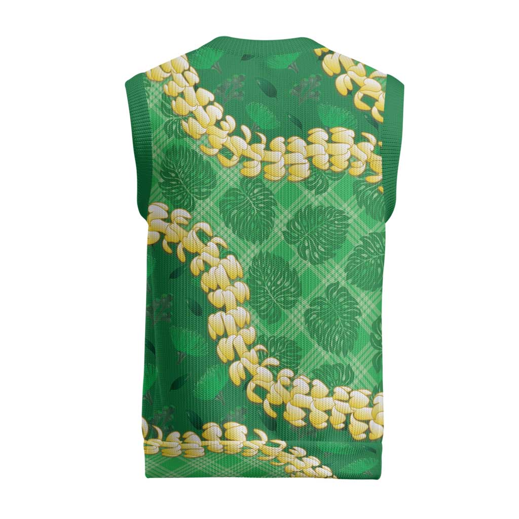 Green Palaka Hawaii Mele Kalikimaka Christmas Knitted V-Neck Vest Ohia Lehua Monstera Puakenikeni Lei - Polynesian Pride