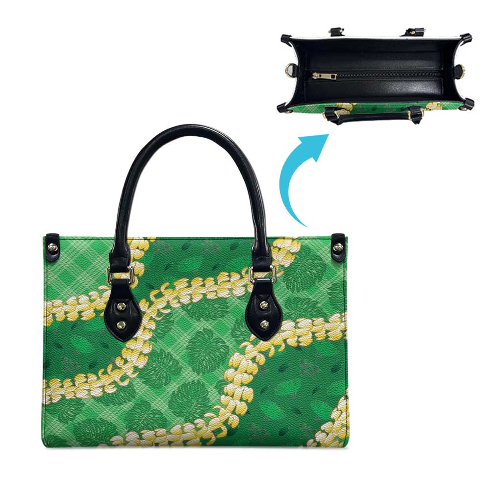Green Palaka Hawaii Mele Kalikimaka Leather Bag Ohia Lehua Monstera Puakenikeni Lei - Polynesian Pride