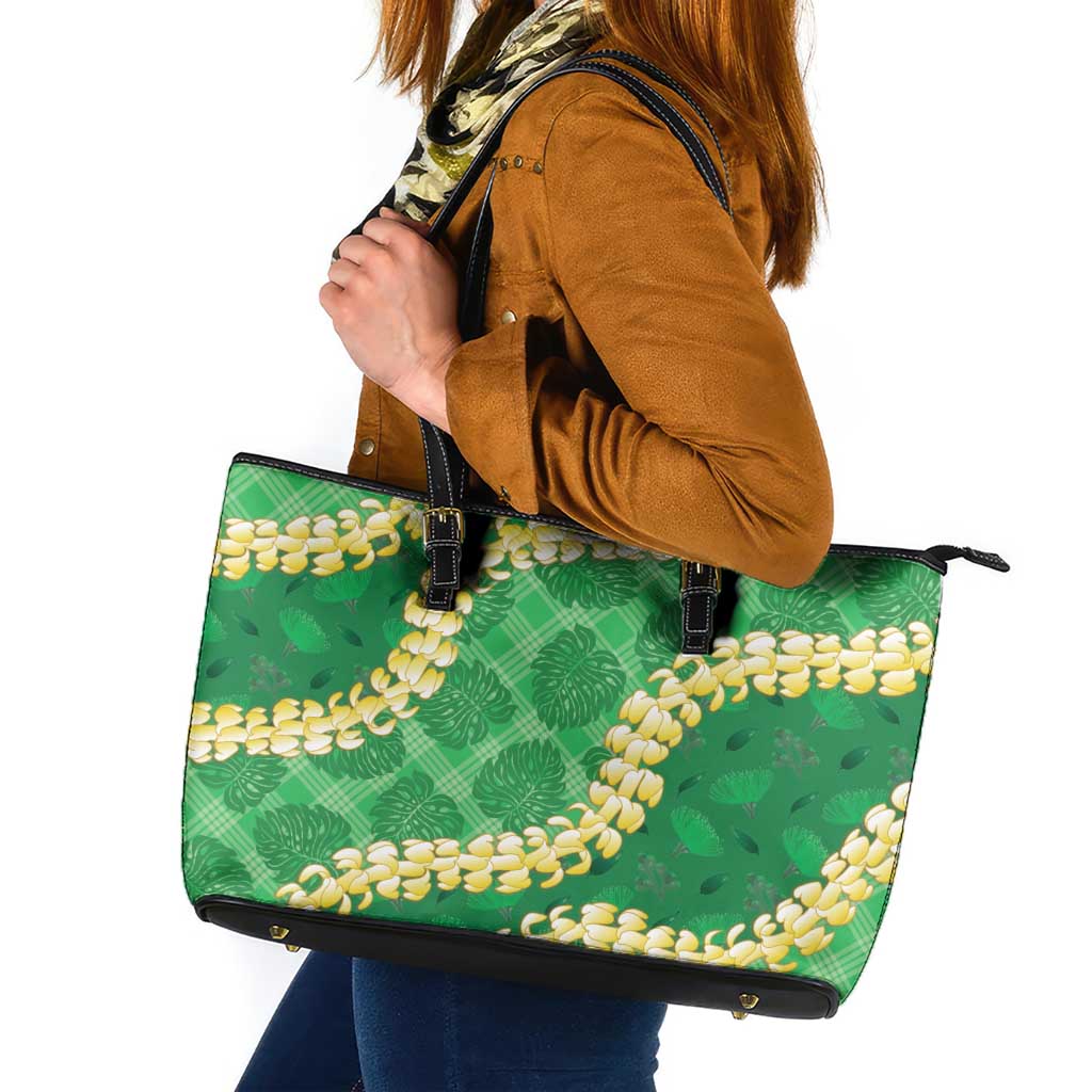 Green Palaka Hawaii Mele Kalikimaka Leather Tote Bag Ohia Lehua Monstera Puakenikeni Lei - Polynesian Pride
