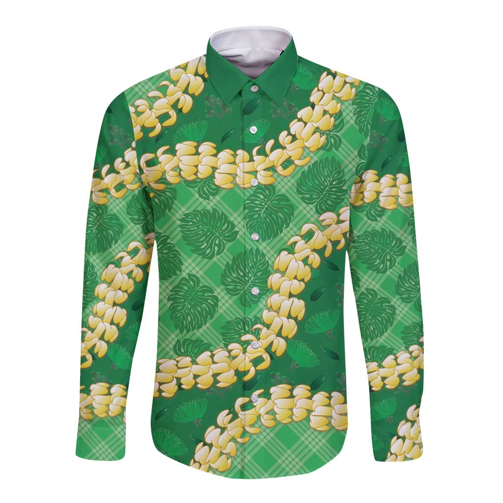 Green Palaka Hawaii Mele Kalikimaka Long Sleeve Button Shirt Ohia Lehua Monstera Puakenikeni Lei - Polynesian Pride
