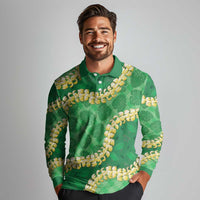 Green Palaka Hawaii Mele Kalikimaka Long Sleeve Polo Shirt Ohia Lehua Monstera Puakenikeni Lei - Polynesian Pride