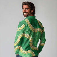 Green Palaka Hawaii Mele Kalikimaka Long Sleeve Polo Shirt Ohia Lehua Monstera Puakenikeni Lei - Polynesian Pride