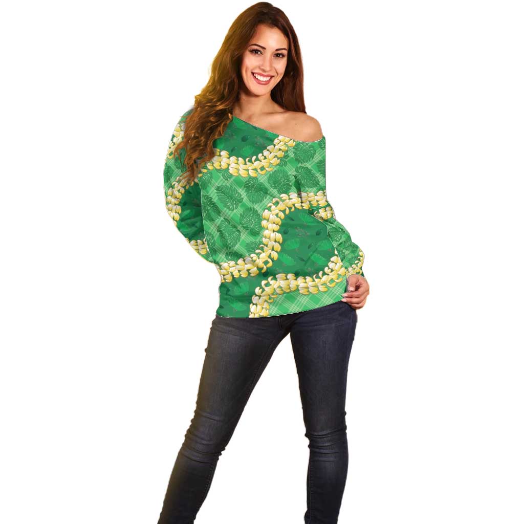 Green Palaka Hawaii Mele Kalikimaka Off Shoulder Sweater Ohia Lehua Monstera Puakenikeni Lei - Polynesian Pride