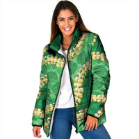 Green Palaka Hawaii Mele Kalikimaka Padded Jacket Ohia Lehua Monstera Puakenikeni Lei - Polynesian Pride