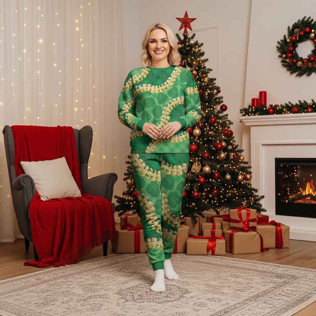 Green Palaka Hawaii Mele Kalikimaka Christmas Pajama Set Ohia Lehua Monstera Puakenikeni Lei - Polynesian Pride