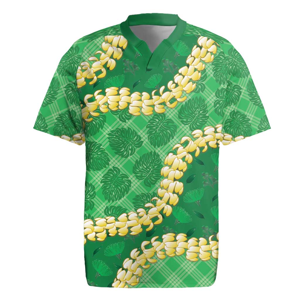 Green Palaka Hawaii Mele Kalikimaka Rugby Jersey Ohia Lehua Monstera Puakenikeni Lei - Polynesian Pride