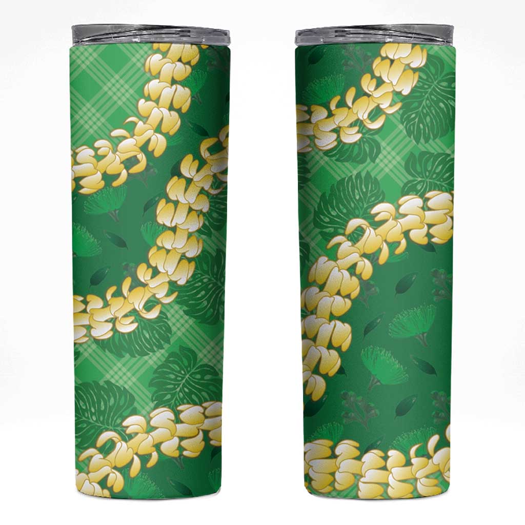 Green Palaka Hawaii Mele Kalikimaka Skinny Tumbler Ohia Lehua Monstera Puakenikeni Lei - Polynesian Pride