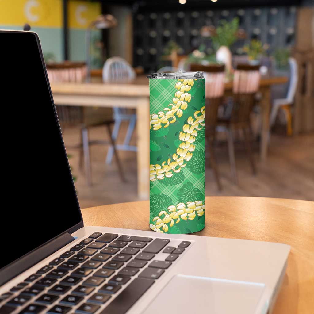 Green Palaka Hawaii Mele Kalikimaka Skinny Tumbler Ohia Lehua Monstera Puakenikeni Lei - Polynesian Pride