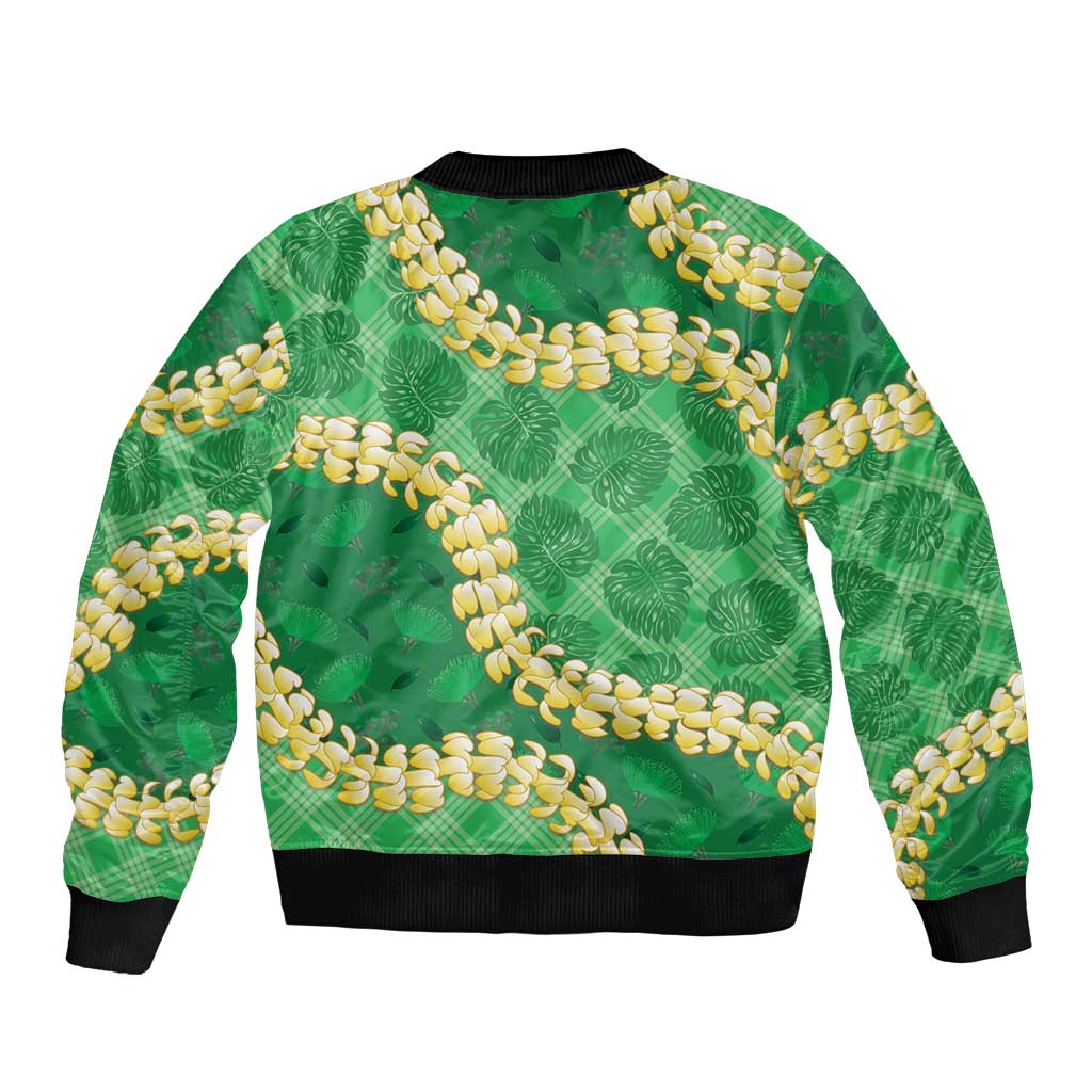 Green Palaka Hawaii Mele Kalikimaka Sleeve Zip Bomber Jacket Ohia Lehua Monstera Puakenikeni Lei - Polynesian Pride