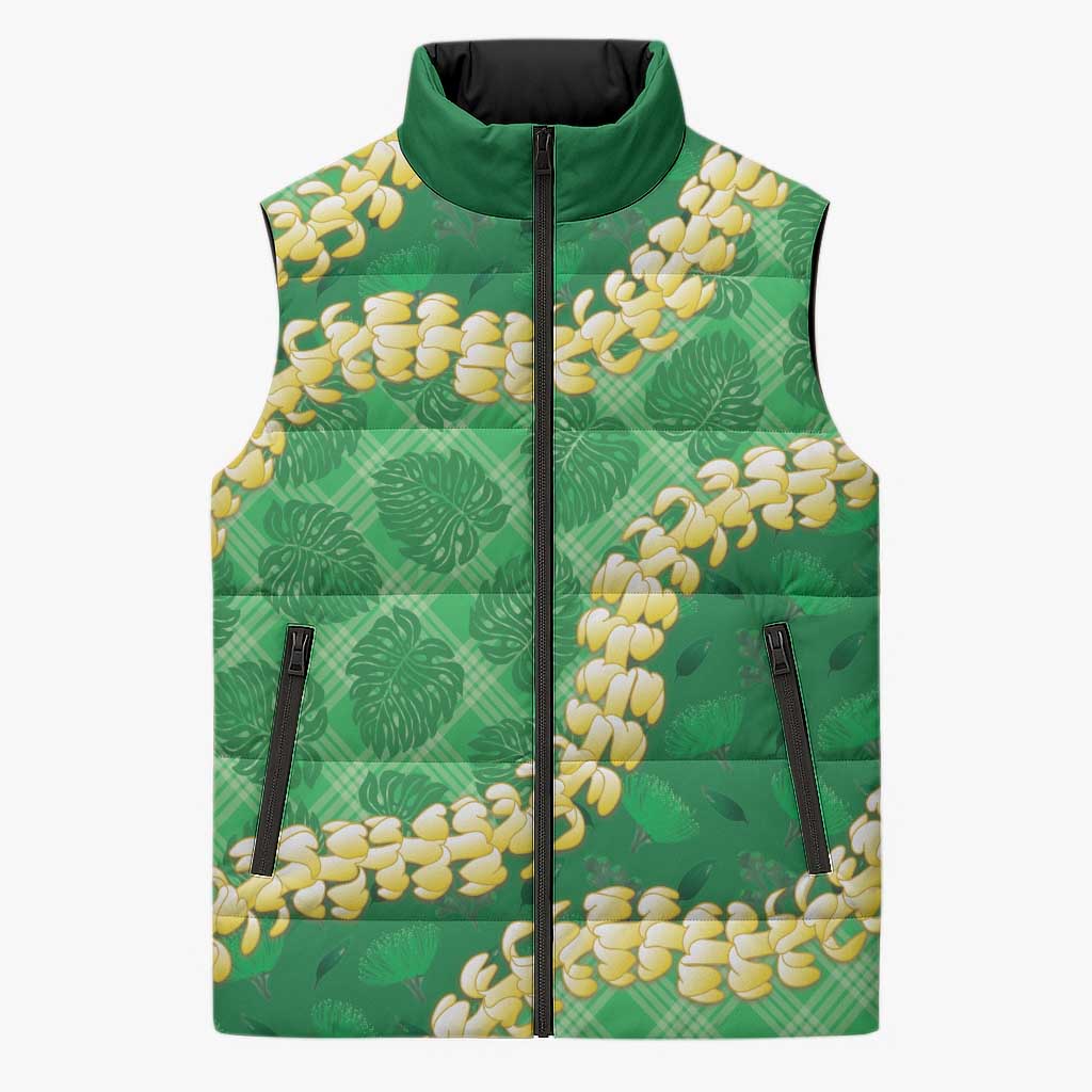Green Palaka Hawaii Mele Kalikimaka Sleeveless Puffer Jacket Ohia Lehua Monstera Puakenikeni Lei LT14 Unisex Green - Polynesian Pride