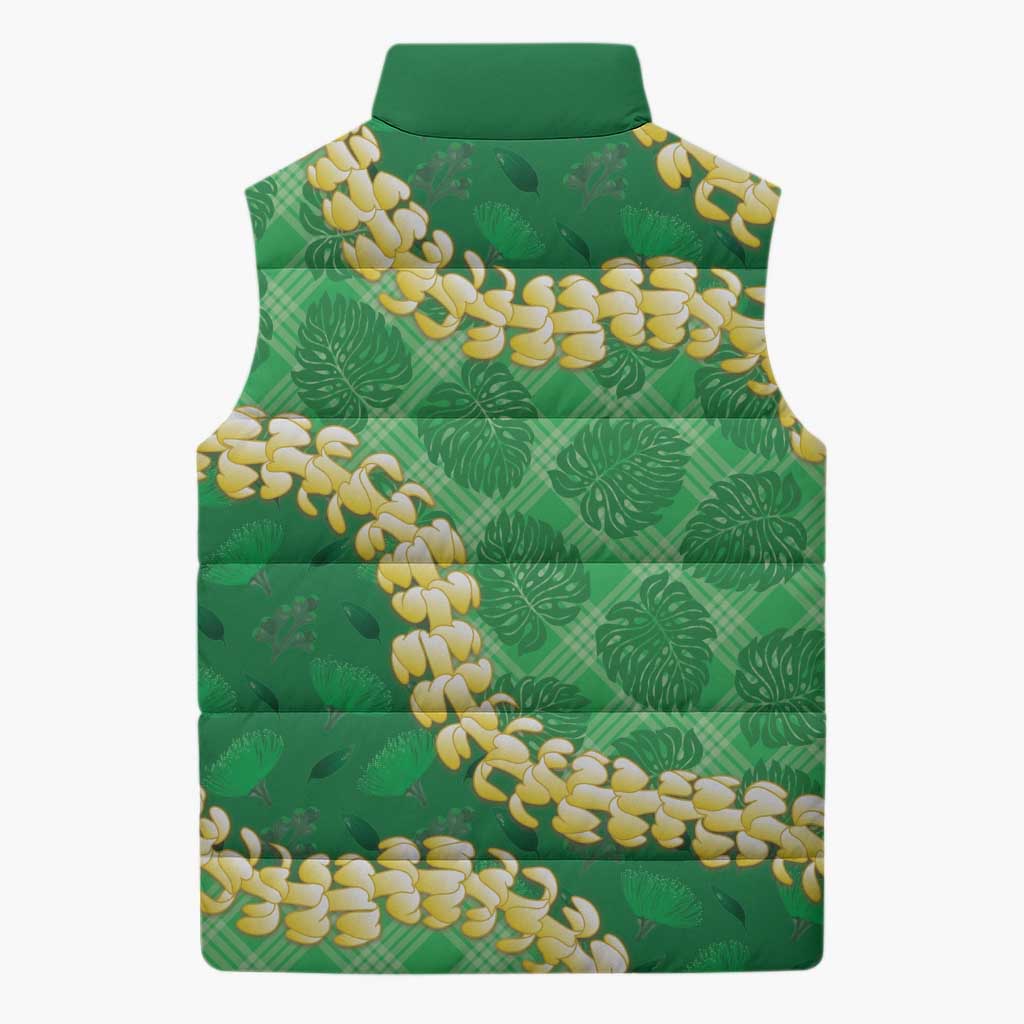 Green Palaka Hawaii Mele Kalikimaka Sleeveless Puffer Jacket Ohia Lehua Monstera Puakenikeni Lei LT14 - Polynesian Pride