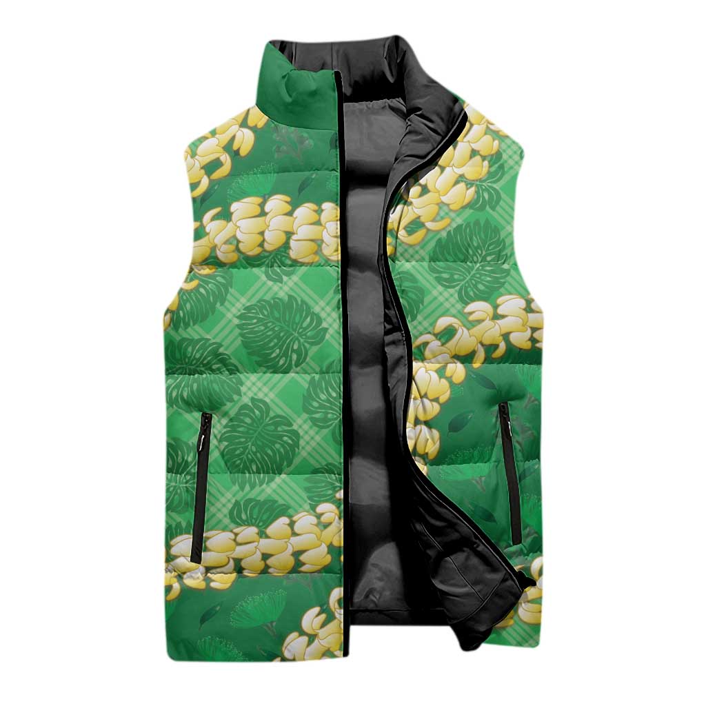 Green Palaka Hawaii Mele Kalikimaka Sleeveless Puffer Jacket Ohia Lehua Monstera Puakenikeni Lei LT14 - Polynesian Pride