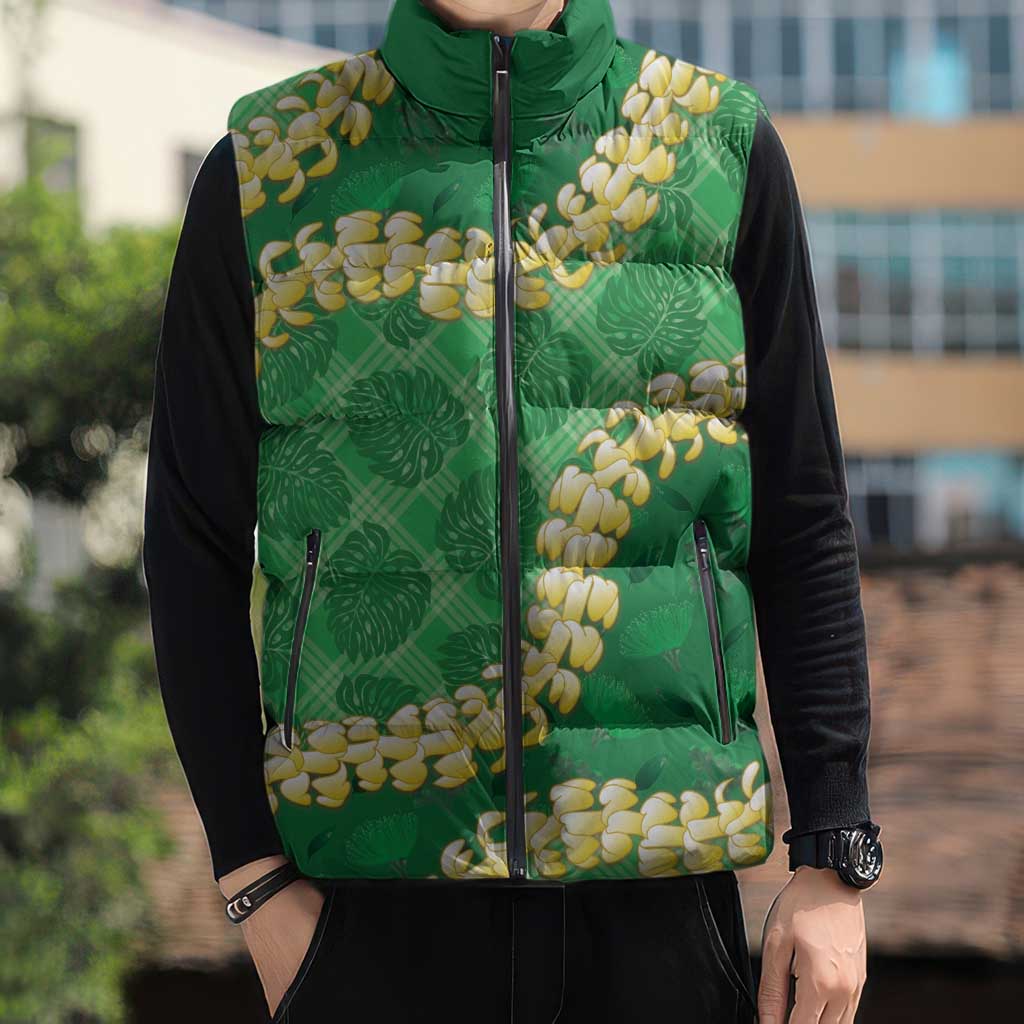 Green Palaka Hawaii Mele Kalikimaka Sleeveless Puffer Jacket Ohia Lehua Monstera Puakenikeni Lei LT14 - Polynesian Pride