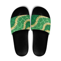 Green Palaka Hawaii Mele Kalikimaka Slide Sandals Ohia Lehua Monstera Puakenikeni Lei LT14 Green - Polynesian Pride