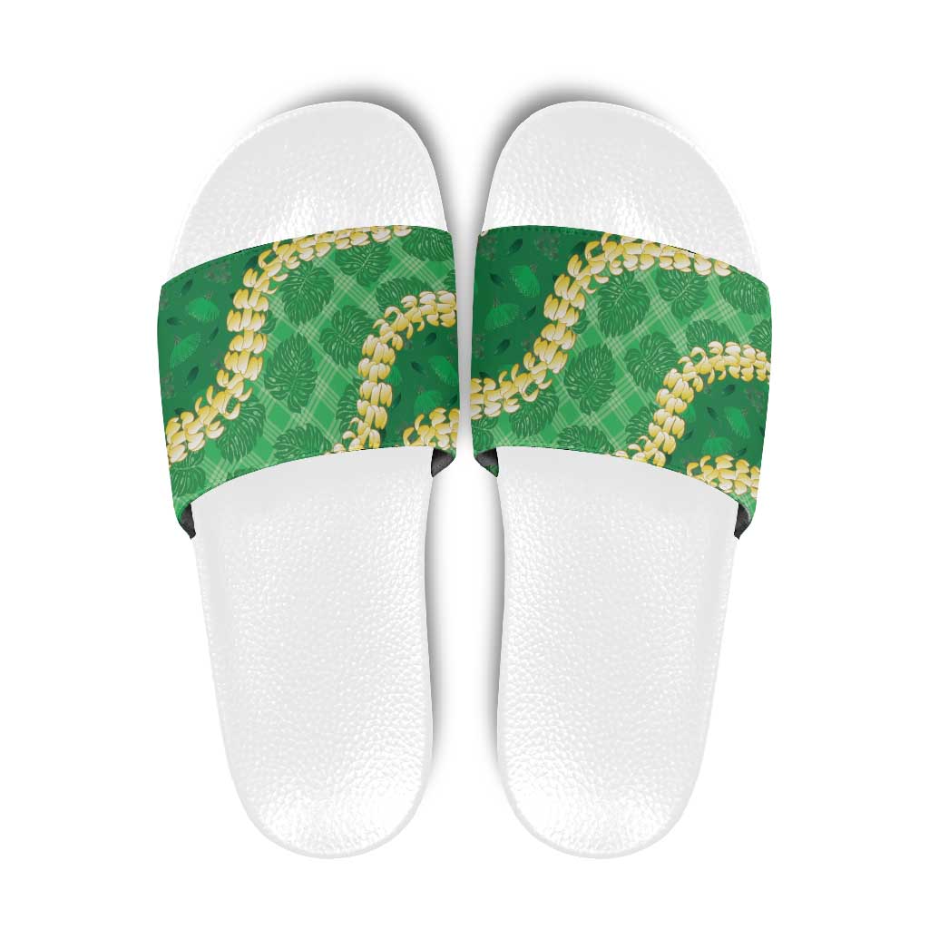 Green Palaka Hawaii Mele Kalikimaka Slide Sandals Ohia Lehua Monstera Puakenikeni Lei LT14 Green - Polynesian Pride