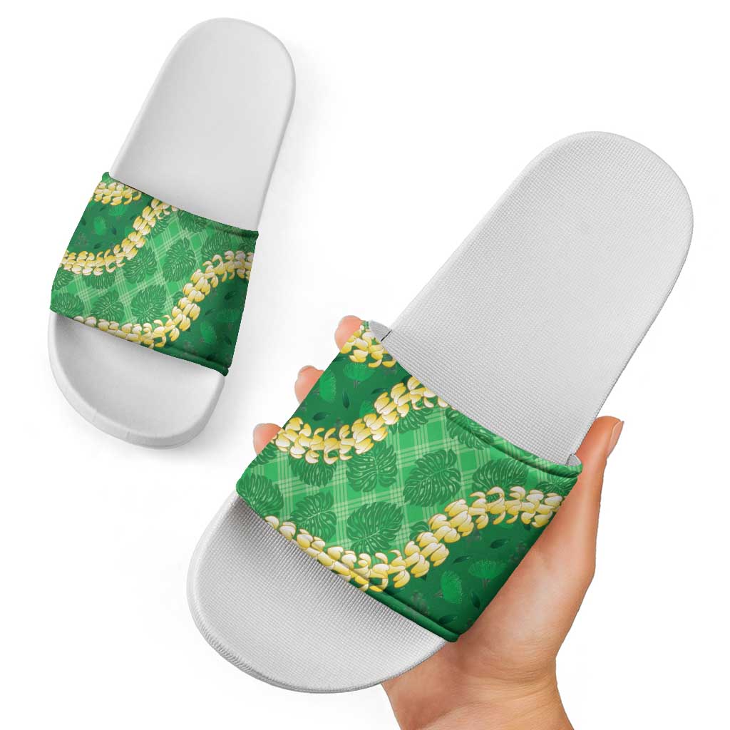 Green Palaka Hawaii Mele Kalikimaka Slide Sandals Ohia Lehua Monstera Puakenikeni Lei LT14 - Polynesian Pride