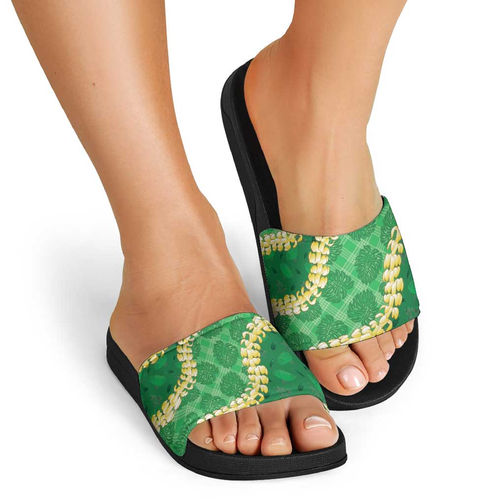 Green Palaka Hawaii Mele Kalikimaka Slide Sandals Ohia Lehua Monstera Puakenikeni Lei LT14 - Polynesian Pride