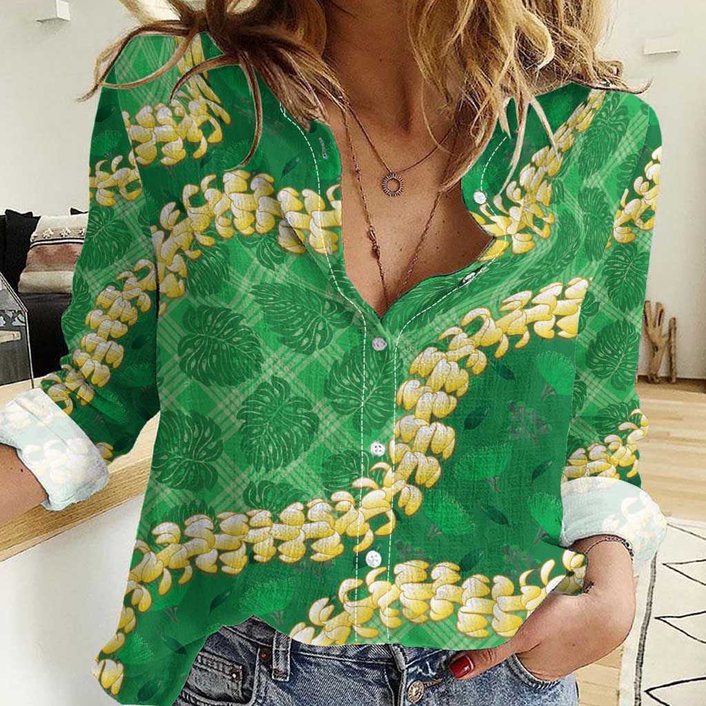 Green Palaka Hawaii Mele Kalikimaka Women Casual Shirt Ohia Lehua Monstera Puakenikeni Lei - Polynesian Pride