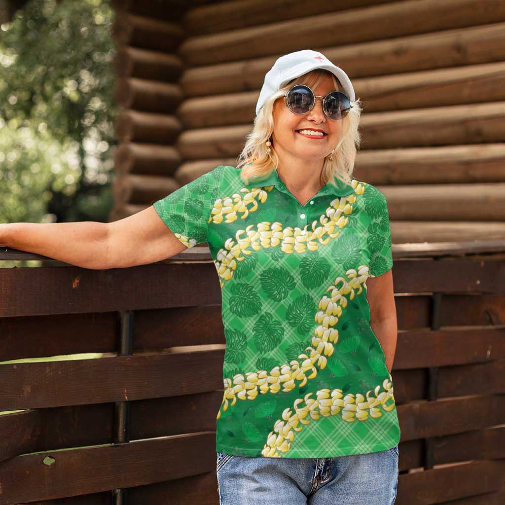 Green Palaka Hawaii Mele Kalikimaka Women Polo Shirt Ohia Lehua Monstera Puakenikeni Lei - Polynesian Pride