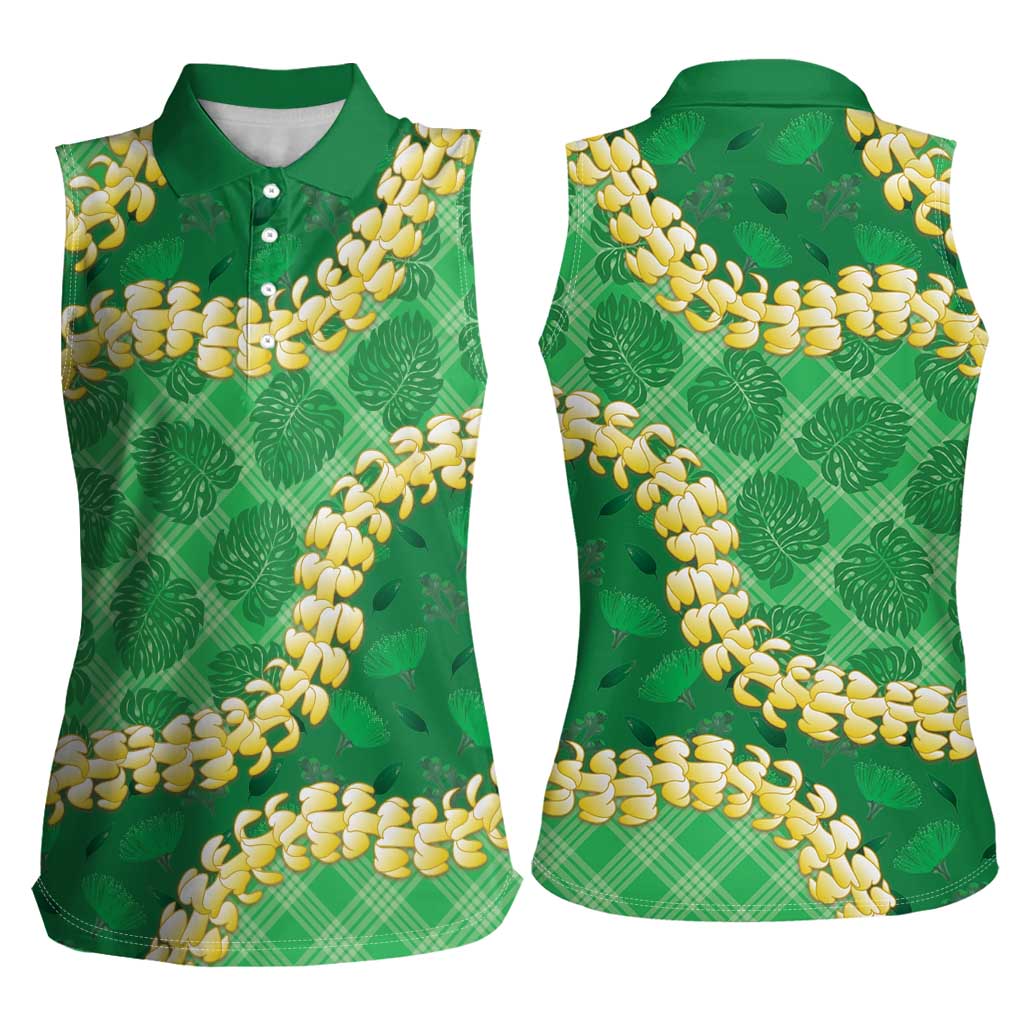 Green Palaka Hawaii Mele Kalikimaka Women Sleeveless Polo Shirt Ohia Lehua Monstera Puakenikeni Lei - Polynesian Pride