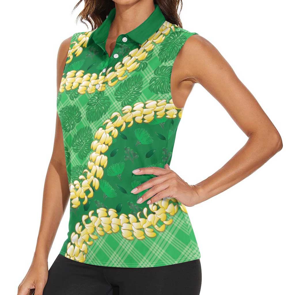 Green Palaka Hawaii Mele Kalikimaka Women Sleeveless Polo Shirt Ohia Lehua Monstera Puakenikeni Lei - Polynesian Pride